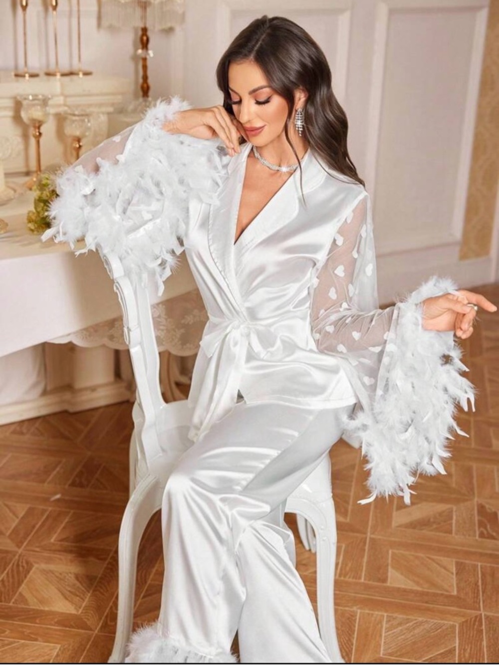 White Satin Feather-Trim Pajama Set with Sheer Heart Sleeves